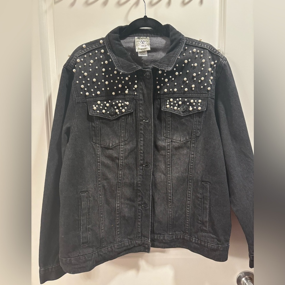 Black Studded Jean Jacket with Pearl Design